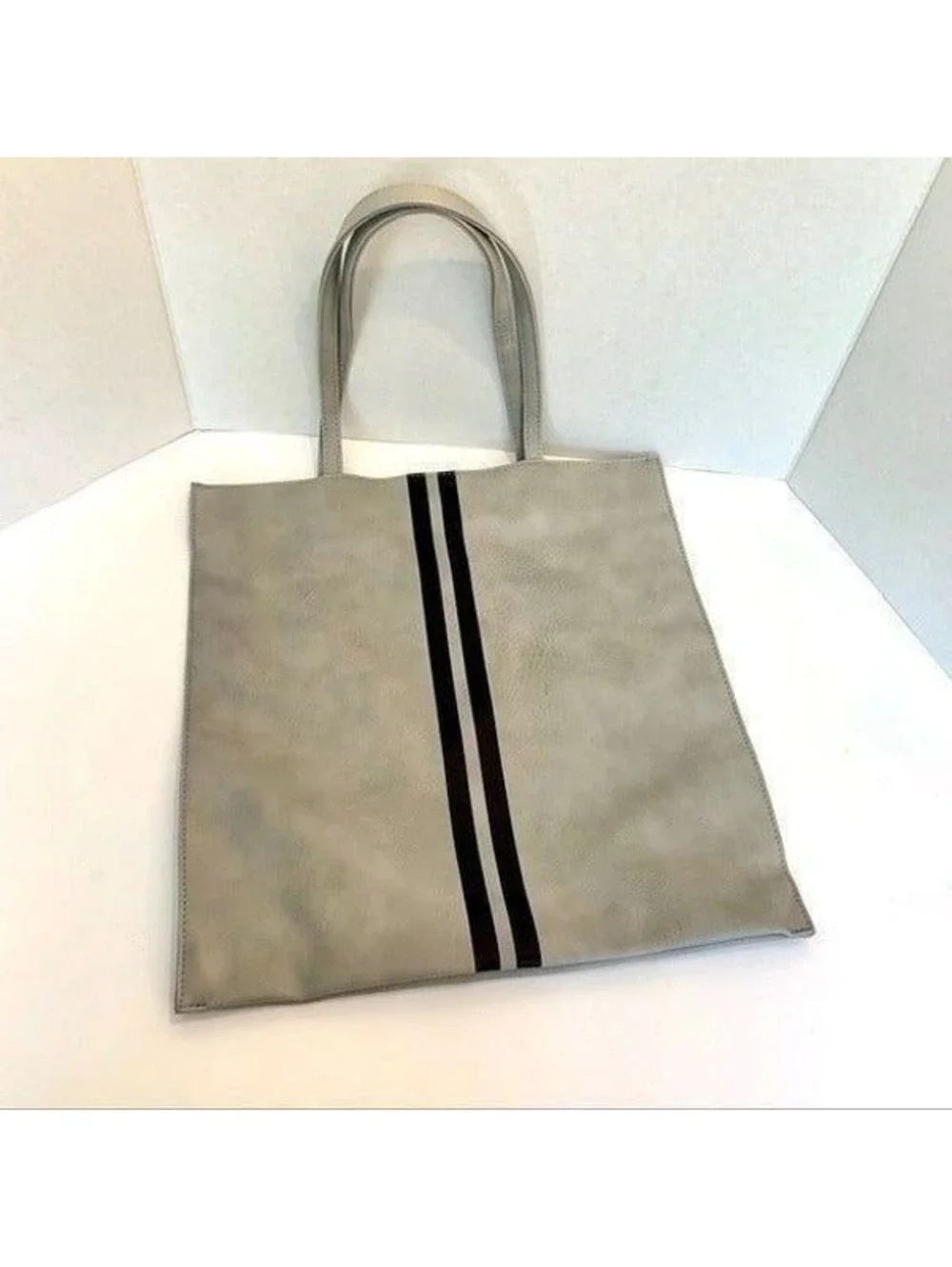 New! Gray and Navy Striped Vegan Leather